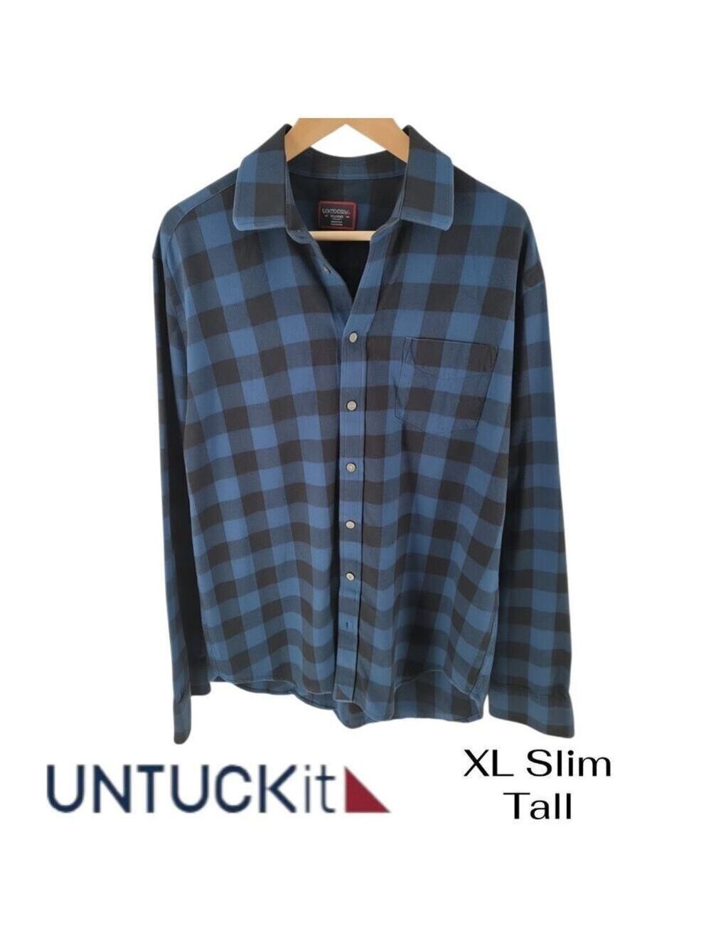 UNTUCKit XL Tall Slim Blue Black Buffalo Check Flannel Shirt 100% Cotton